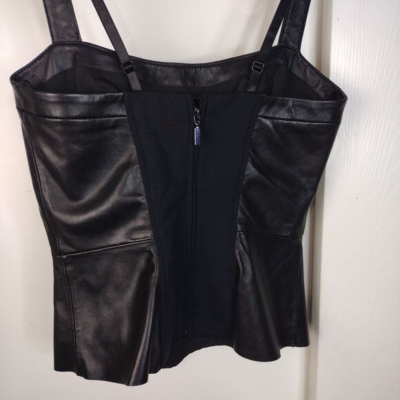 Bebe Genuine Leather Peplum Spaghetti Strap Biker Top Womens XS Black Soft - Picture 4 of 10